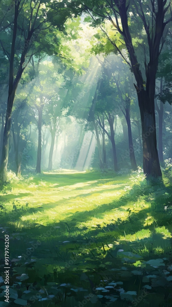 Obraz premium A serene forest scene with tall trees and sunlight filtering through the leaves, creating dappled light on the green grassy ground. The atmosphere is peaceful as mist hovers in the air