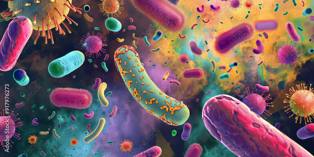 An illustration of the human microbiome, showcasing a diverse of bacteria, viruses, and other microorganisms, highlighting the variety of microscopic life within the human body. An illustration of the human microbiome, showcasing a diverse of bacteria, viruses, and other microorganisms, highlighting the variety of microscopic life within the human body.