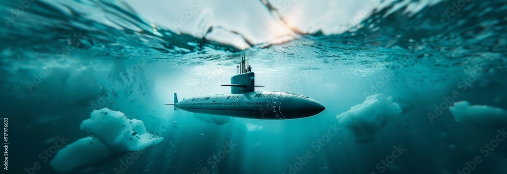 A submarine is in the water with ice floating around it by AI generated image A submarine is in the water with ice floating around it by AI generated image