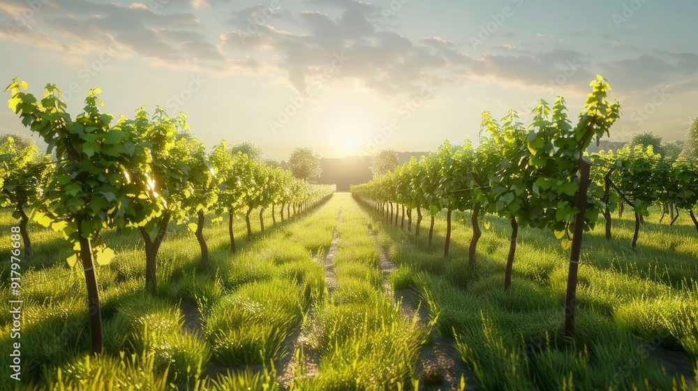 Naklejka premium A serene vineyard with rows of grapevines under a clear sky.