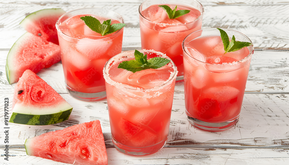 Watermelon drink in glasses with slices of watermelon Watermelon drink in glasses with slices of watermelon