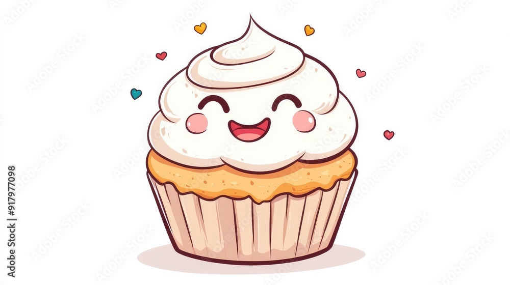 Cute anime-style cupcake with a joyful smile, isolated on a white background Cute anime-style cupcake with a joyful smile, isolated on a white background