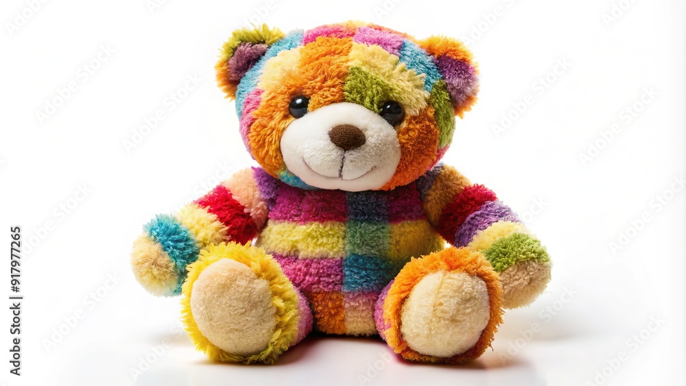 Obraz premium Adorable, cuddly, and colorful plush teddy bear with endearing facial expression sits solo on a soft, white background, conveying warmth and childhood nostalgia.