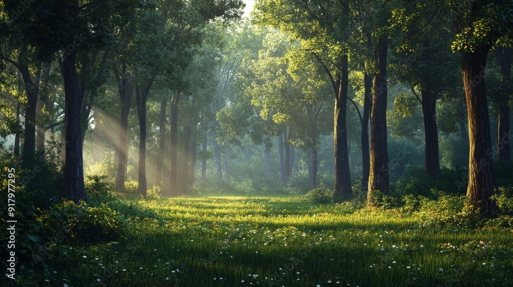 A tranquil forest scene with tall trees and sunlight filtering through the leaves, creating dappled light on lush green grass. The atmosphere is serene as mist rises from dew-covered foliage A tranquil forest scene with tall trees and sunlight filtering through the leaves, creating dappled light on lush green grass. The atmosphere is serene as mist rises from dew-covered foliage