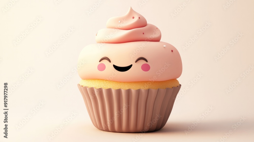 Cute anime-style cupcake with frosting and a happy expression, isolated on a white background Cute anime-style cupcake with frosting and a happy expression, isolated on a white background