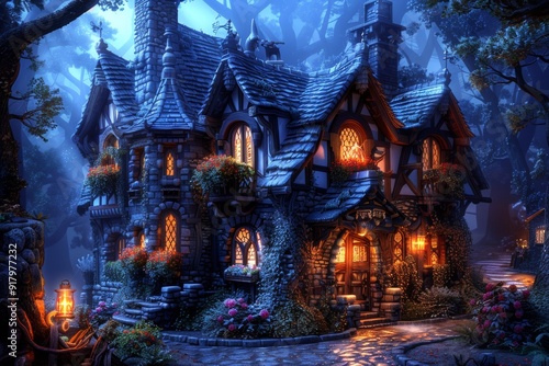 Enchanted Woodland Cottage Illuminated at Night Surrounded by Lush Trees and Flowers