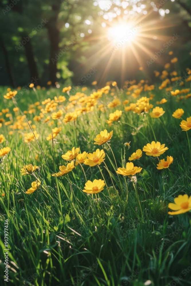 Obraz premium Yellow Flowers Field with Sun