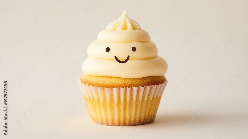Cute anime-style cupcake with frosting and a smiling expression, isolated on a white background Cute anime-style cupcake with frosting and a smiling expression, isolated on a white background