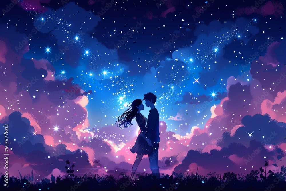 Obraz premium A Romantic Evening Under a Starry Sky With a Young Couple Embracing in Nature