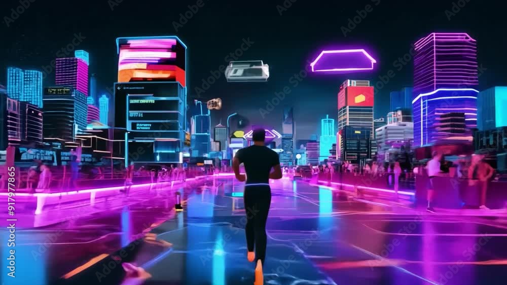 3D animation of a man running into a futuristic city with neon lights. 3D animation of a man running into a futuristic city with neon lights.