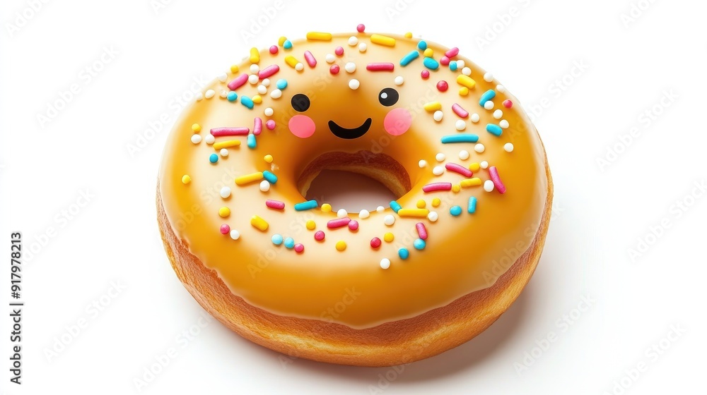 Cute anime-style donut with sprinkles and a cheerful face, isolated on a white background Cute anime-style donut with sprinkles and a cheerful face, isolated on a white background