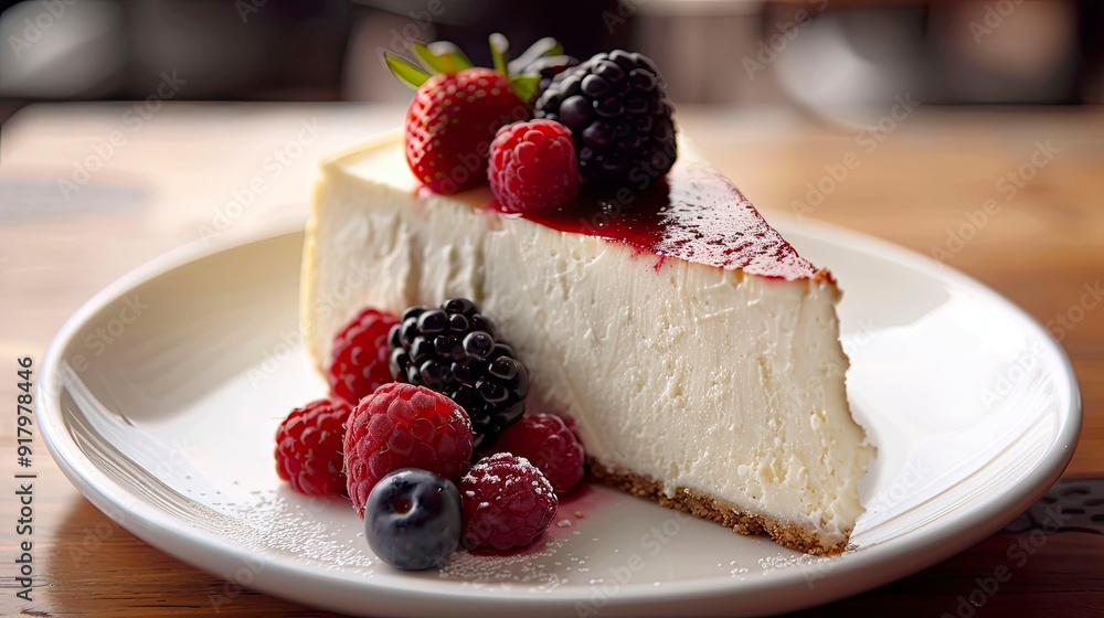 A slice of New York-style cheesecake with fresh berries. A slice of New York-style cheesecake with fresh berries.
