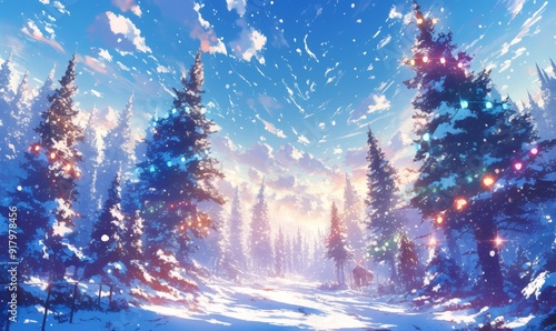 Enchanting Anime Winter Lake Landscape: Serene River Flowing Through Golden-Hued Snowy Forest. Artistic Capture of Nature's Tranquil Beauty for Cultural Illustrations and Creative Marketing. Festive W