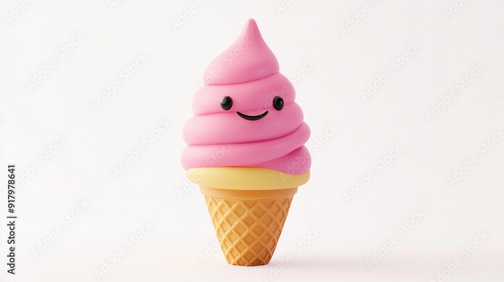 Cute anime-style ice cream cone with a smiley face, isolated on a white background Cute anime-style ice cream cone with a smiley face, isolated on a white background