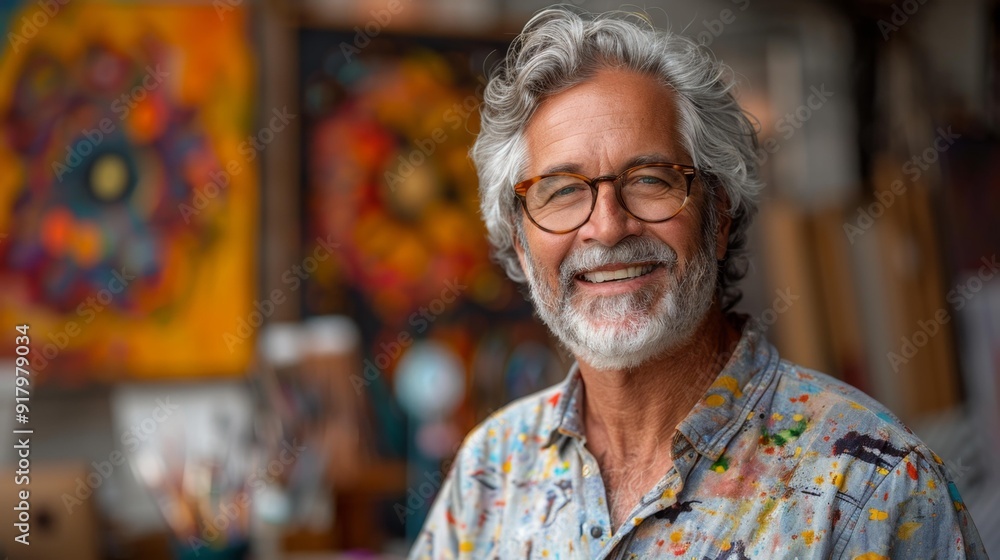 Elderly artist smiling in a colorful studio - generative ai Elderly artist smiling in a colorful studio - generative ai