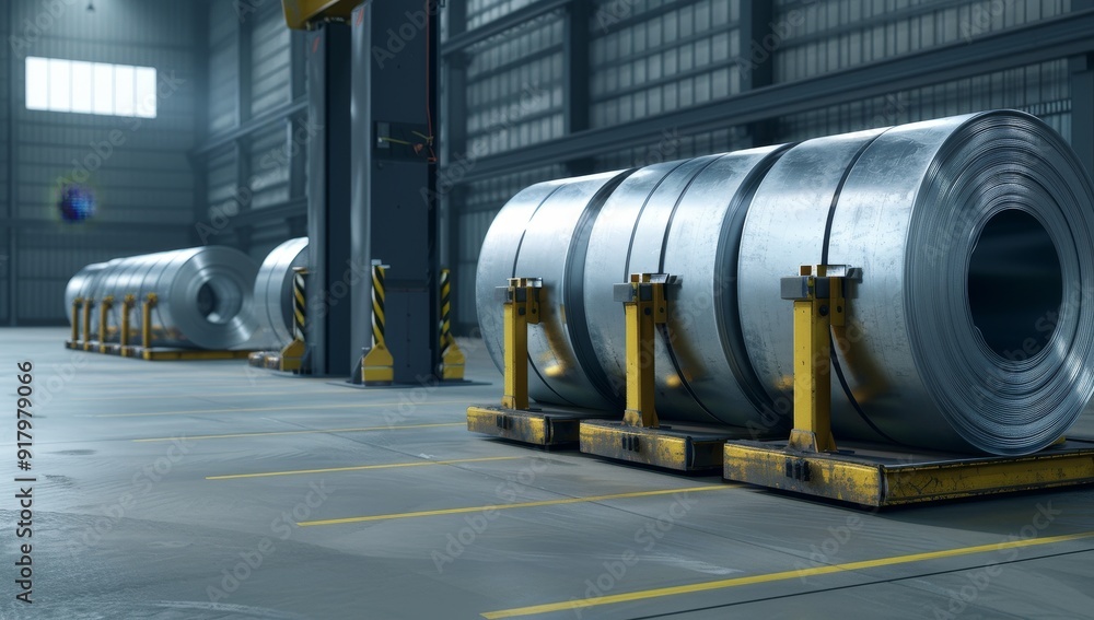 Fototapeta premium Large Steel Rolls in Industrial Warehouse – LED Lit, Silver and Grey Rolls, Aluminum Can Roll on Pillars