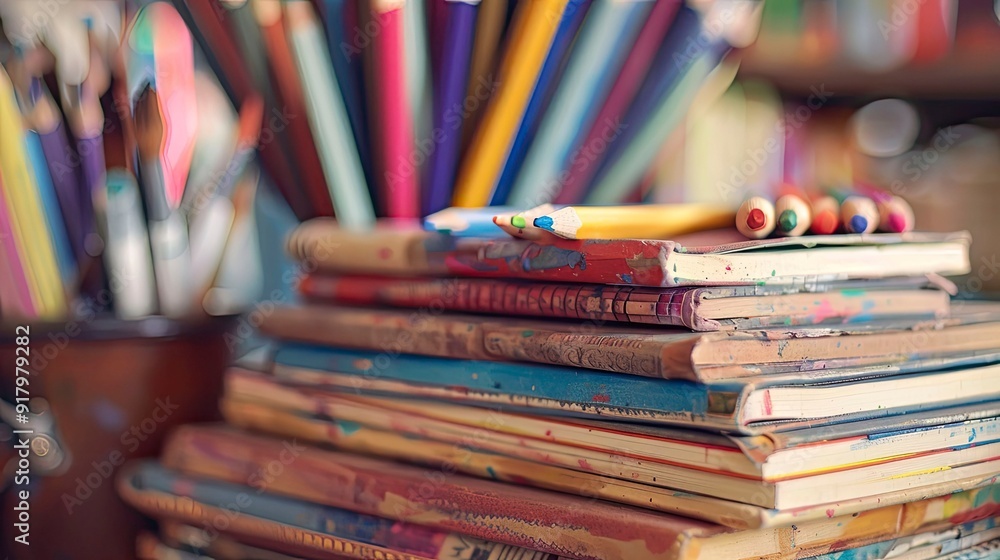 A stack of art supplies including colored pencils and sketchbooks. A stack of art supplies including colored pencils and sketchbooks.