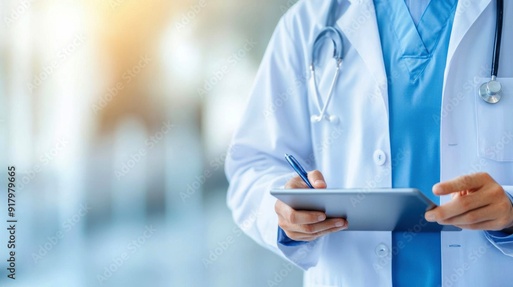 A healthcare professional in a lab coat holding a tablet, showcasing modern medical technology and patient care. A healthcare professional in a lab coat holding a tablet, showcasing modern medical technology and patient care.