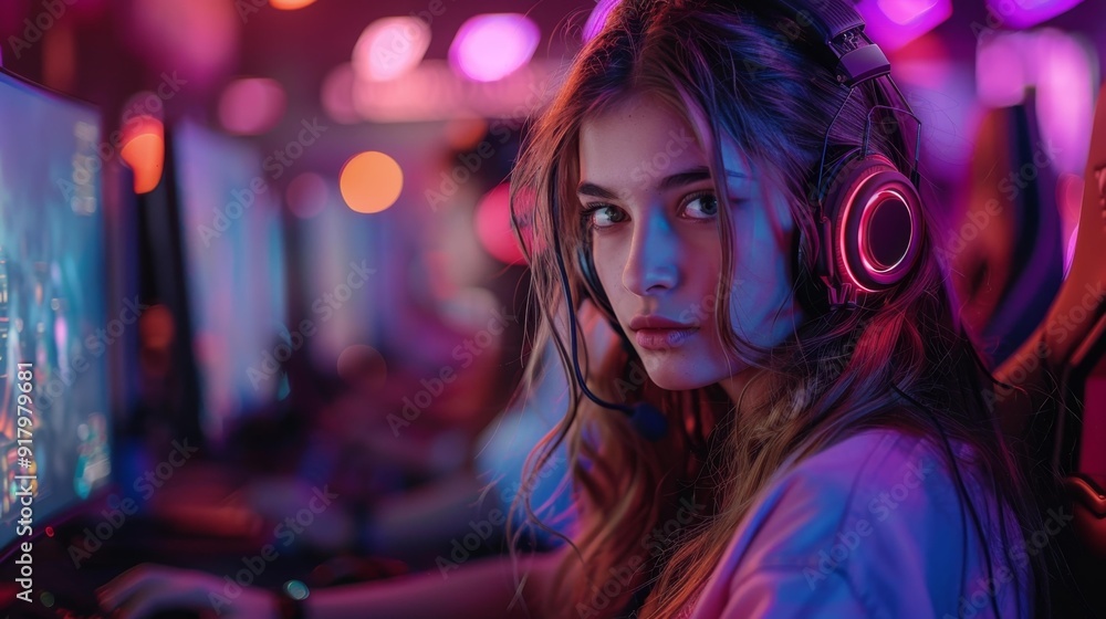 Gamer girl with neon headset - generative ai Gamer girl with neon headset - generative ai