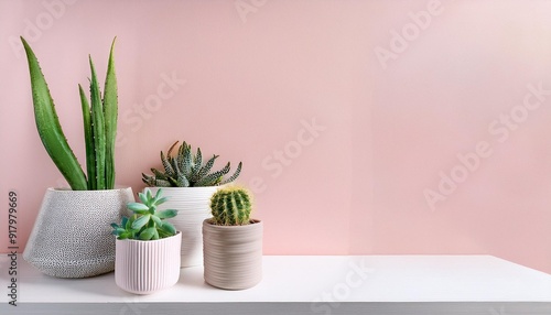 屋内の棚の上の多肉植物とサボテンとコピースペース（Succulents and cacti on shelves indoors with copy space） 