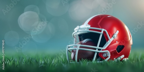 Red American Football Helmet and Ball on Green Field – Blurred Stadium Background