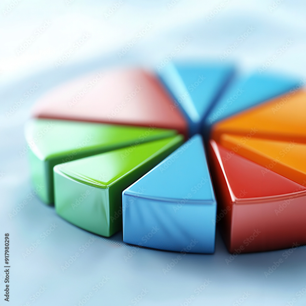 Obraz premium Vibrant pie chart segments in blue, green, orange, and red on a soft background, representing data visualization and analytics.