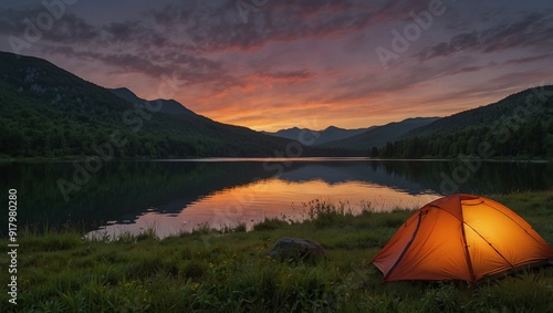 view of a lake in the middle of the forest in the afternoon with a beautiful sunset background made by AI generative