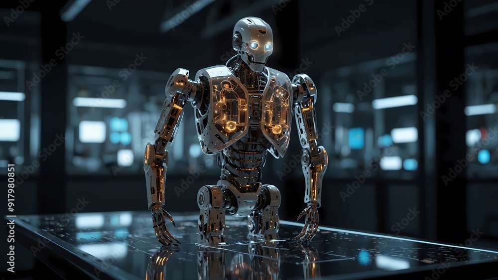 Transparent Panel Robot with Intricate Circuits in Lab Setting. Generative AI Transparent Panel Robot with Intricate Circuits in Lab Setting. Generative AI