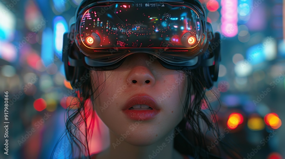 Woman with futuristic vr headset in neon city - generative ai Woman with futuristic vr headset in neon city - generative ai