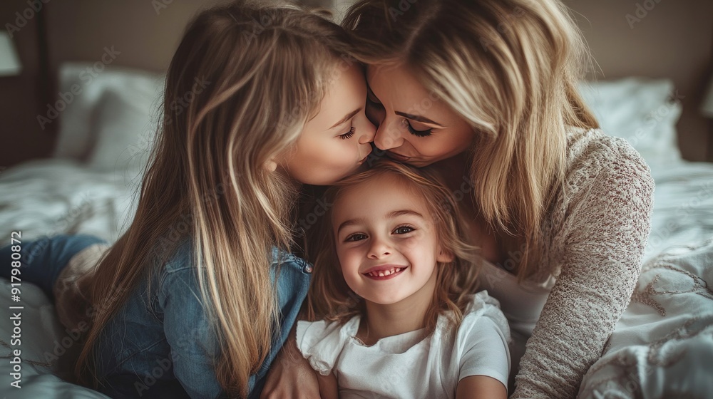 Female family members cuddled up on a bed inside a house, giving and receiving hugs and kisses as they showered in affection between their mother and daughters. kin across generations, sentiments and Female family members cuddled up on a bed inside a house, giving and receiving hugs and kisses as they showered in affection between their mother and daughters. kin across generations, sentiments and