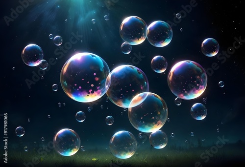 Bubbles floating on a black background with the words bubbles on the bottom