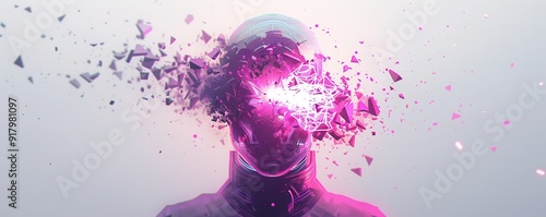 A surreal digital artwork depicting a fragmented figure with an abstract glowing head, evoking themes of transformation and consciousness.