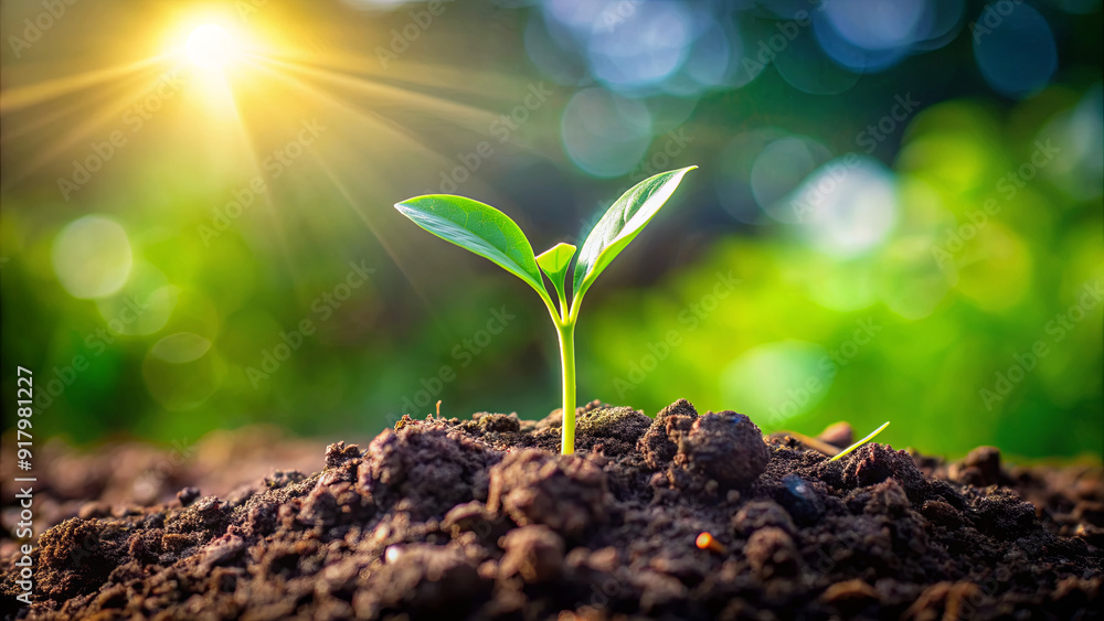 Fototapeta premium A small green seedling pushes through dark soil, illuminated by warm sunlight in a vibrant garden during early morning