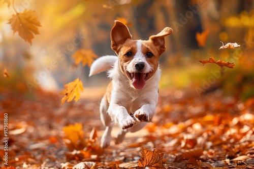 A delighted dog racing along a leaf-strewn path in autumn, joyfully leaping through piles of colorful, fallen leaves under the golden glow of the fall sun