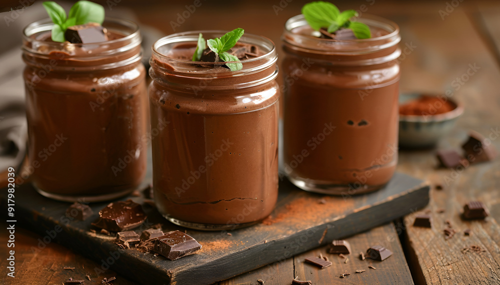 Three chocolate mousse dessert in mason jars Three chocolate mousse dessert in mason jars