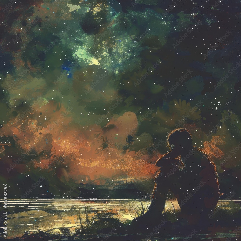 A lone figure contemplates the vastness of the starry night sky A lone figure contemplates the vastness of the starry night sky