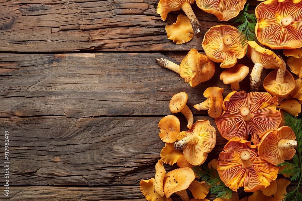 An elegant display of porcini mushrooms and chanterelles arranged on a rustic wooden background, highlighting their rich textures and earthy colors, perfect for a gourmet culinary setting An elegant display of porcini mushrooms and chanterelles arranged on a rustic wooden background, highlighting their rich textures and earthy colors, perfect for a gourmet culinary setting