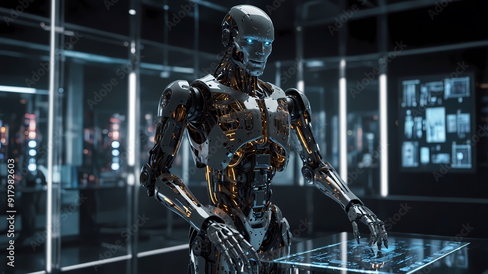 High-Tech Robot with Transparent Panels and Holographic Displays. Generative AI High-Tech Robot with Transparent Panels and Holographic Displays. Generative AI