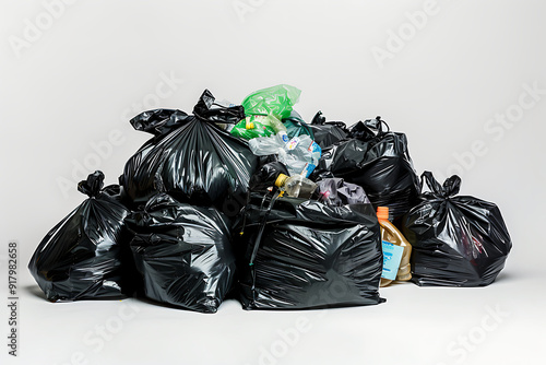 Black trash bags full of garbage on white background