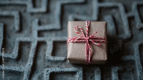 A small, neatly wrapped gift box with red and white twine lies on a concrete surface with a maze-like pattern, suggesting themes of surprise and discovery within everyday life. photo