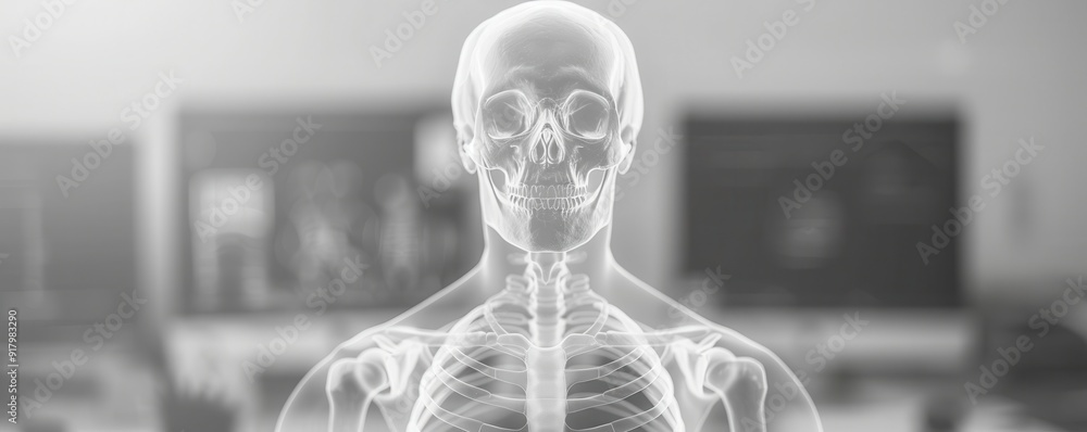 © PoyTumStudio - Digital X-ray of human skeleton with blurred medical equipment in background, demonstrating anatomy and healthcare technology. © PoyTumStudio - Digital X-ray of human skeleton with blurred medical equipment in background, demonstrating anatomy and healthcare technology.