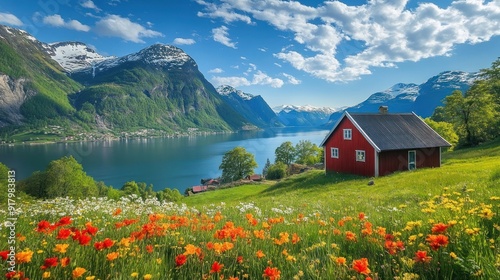 Red Cabin on a Mountainside Overlooking a Fjord in Norway