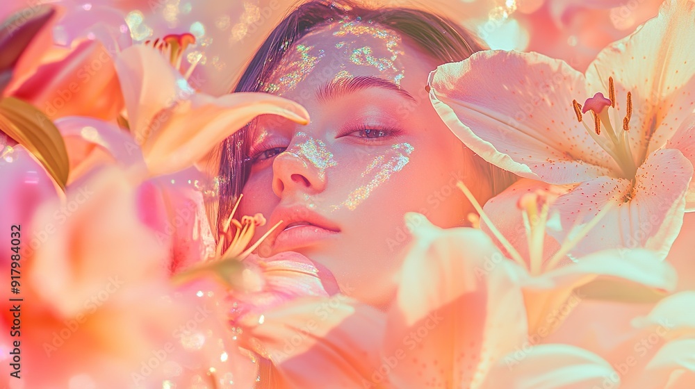 A woman's face half-hidden by pink lily petals, with a dreamy, ethereal aesthetic. A woman's face half-hidden by pink lily petals, with a dreamy, ethereal aesthetic.