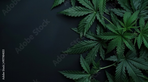 marijuana cannabis leafs on black background copy space photo