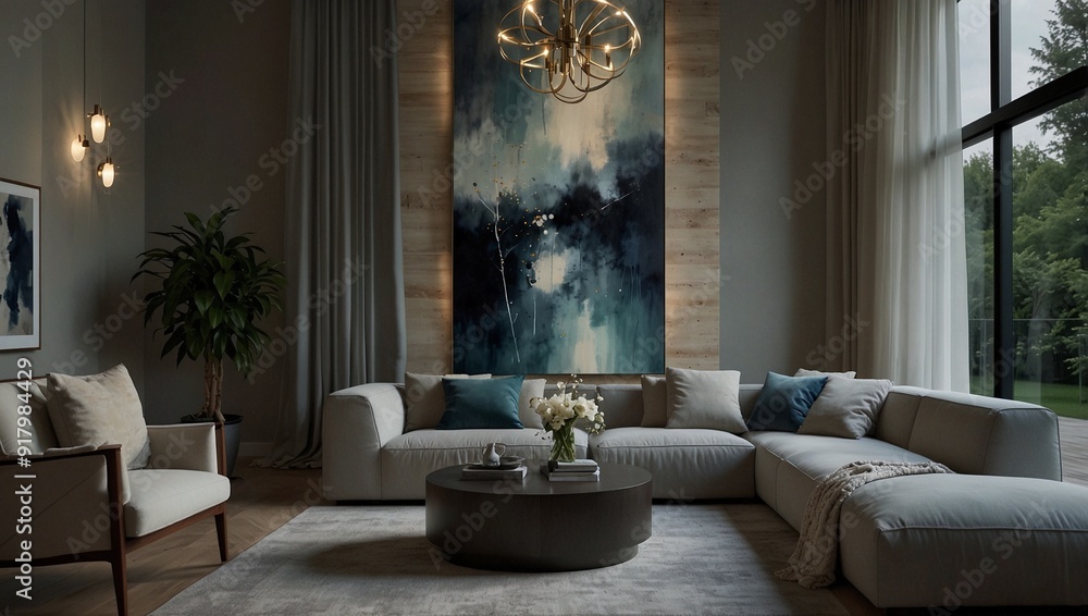 photo of a family room with a comfortable looking sofa with a beautiful wall decoration painting made by AI generative photo of a family room with a comfortable looking sofa with a beautiful wall decoration painting made by AI generative