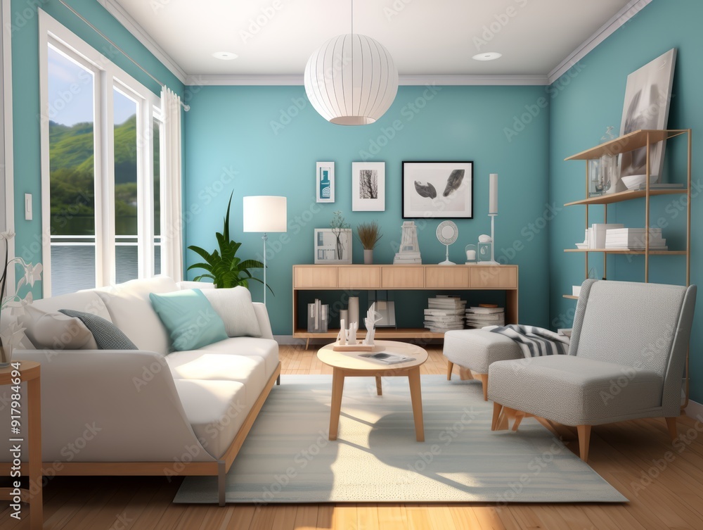 Fototapeta premium A bright, modern living room with a light blue wall, a white sofa, a grey armchair, and a wooden floor. There is a large window with a view of a green landscape.