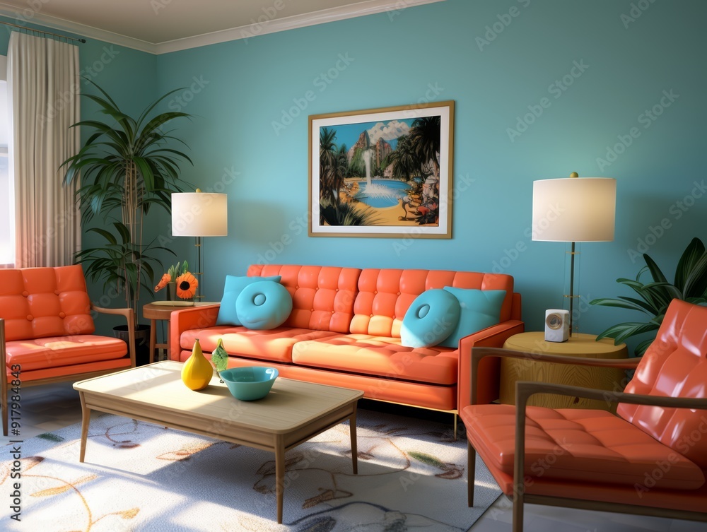 A living room with a light blue wall, an orange couch and chairs, and a framed picture of a tropical scene. A living room with a light blue wall, an orange couch and chairs, and a framed picture of a tropical scene.