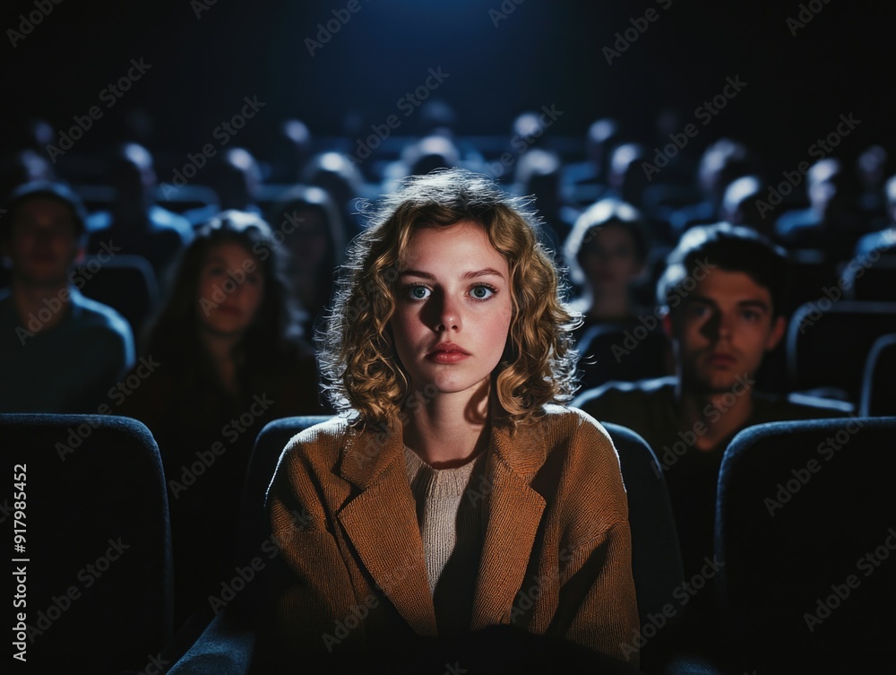 Woman Watching Movie at Theater Woman Watching Movie at Theater