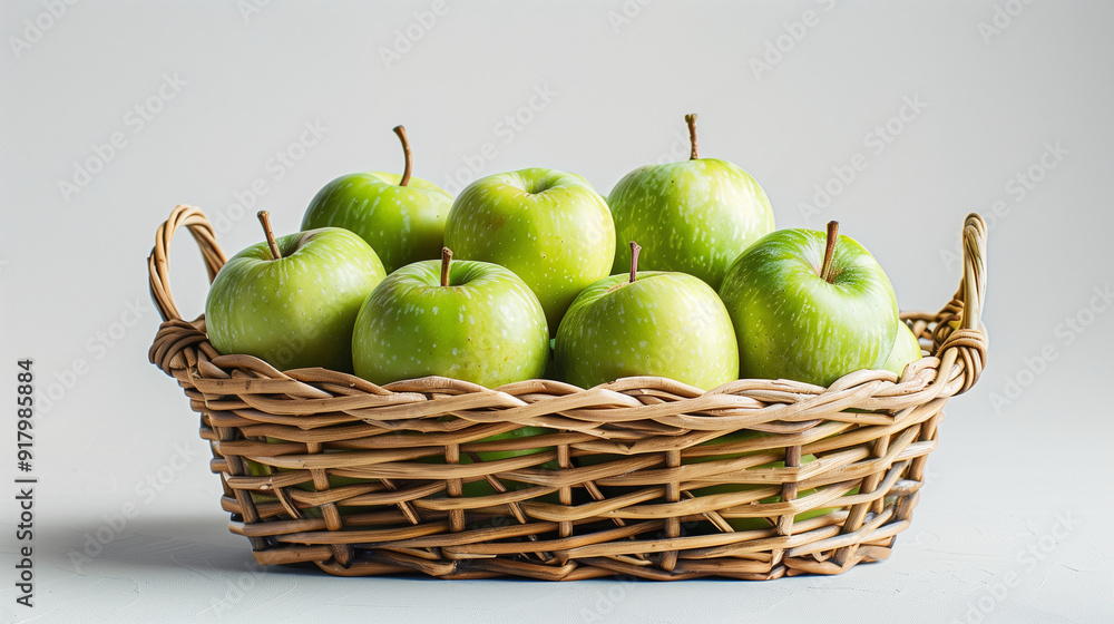 A basket filled with green apples, placed on a clean white background A basket filled with green apples, placed on a clean white background