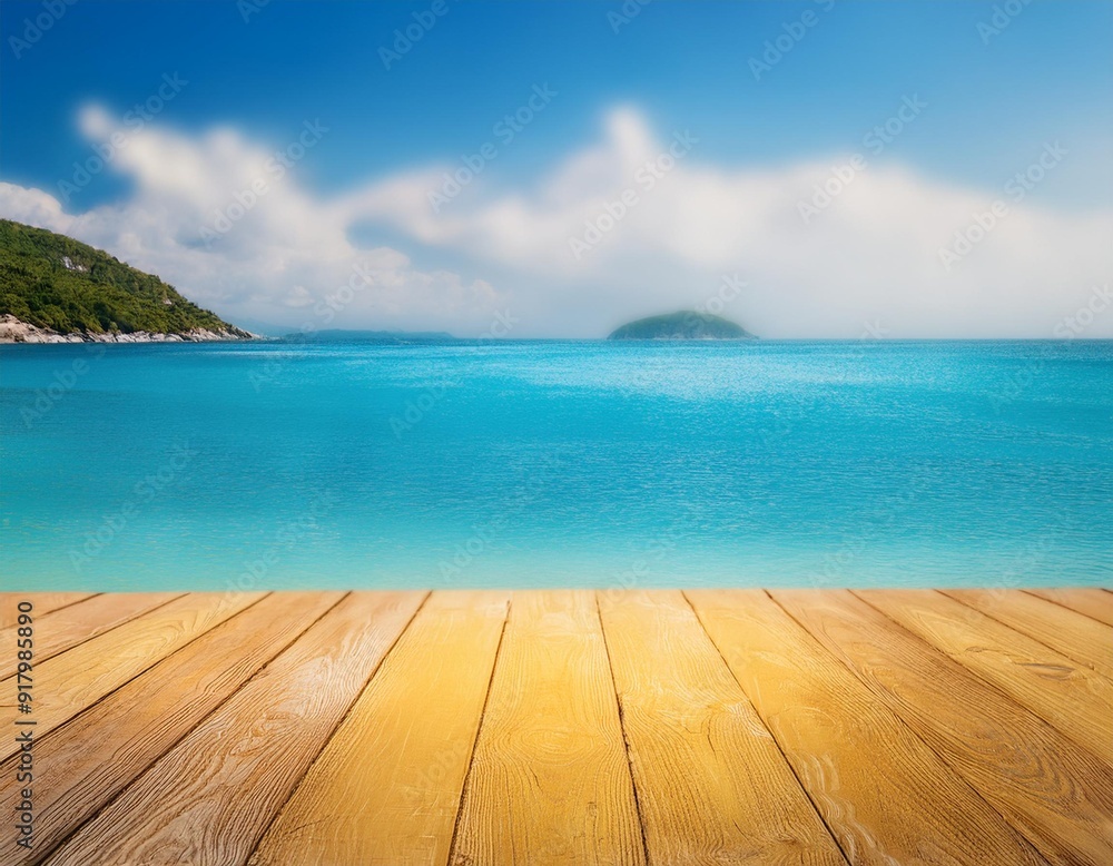 Fototapeta premium Sun-Kissed Serenity: Yellow Table and Blurred Blue Sea